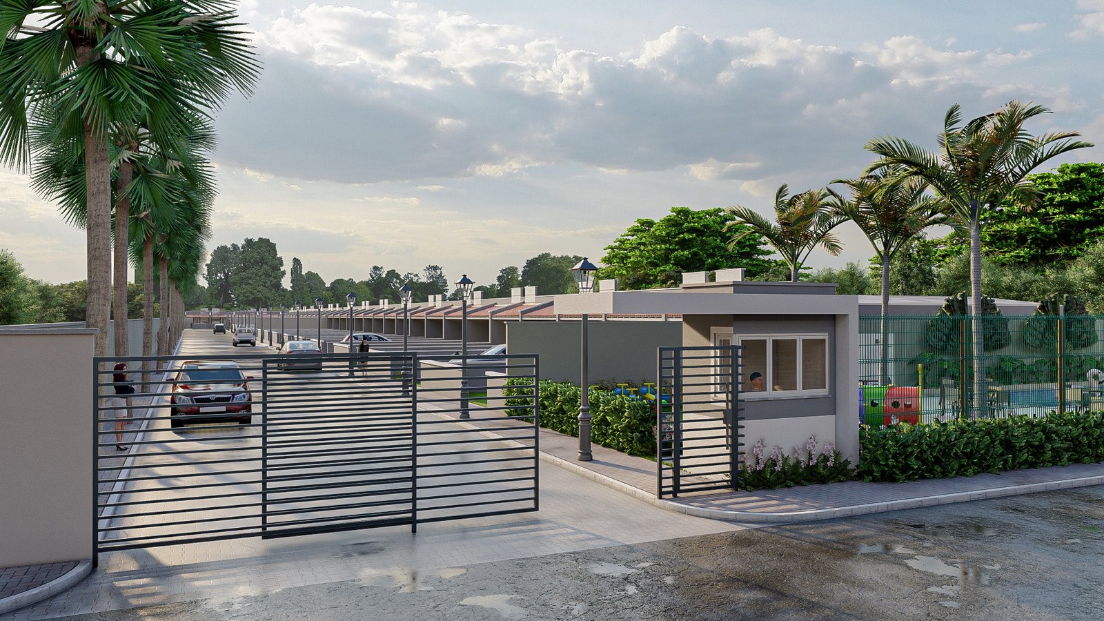 Entrada, portaria e área residencial do empreendimento VivaLar