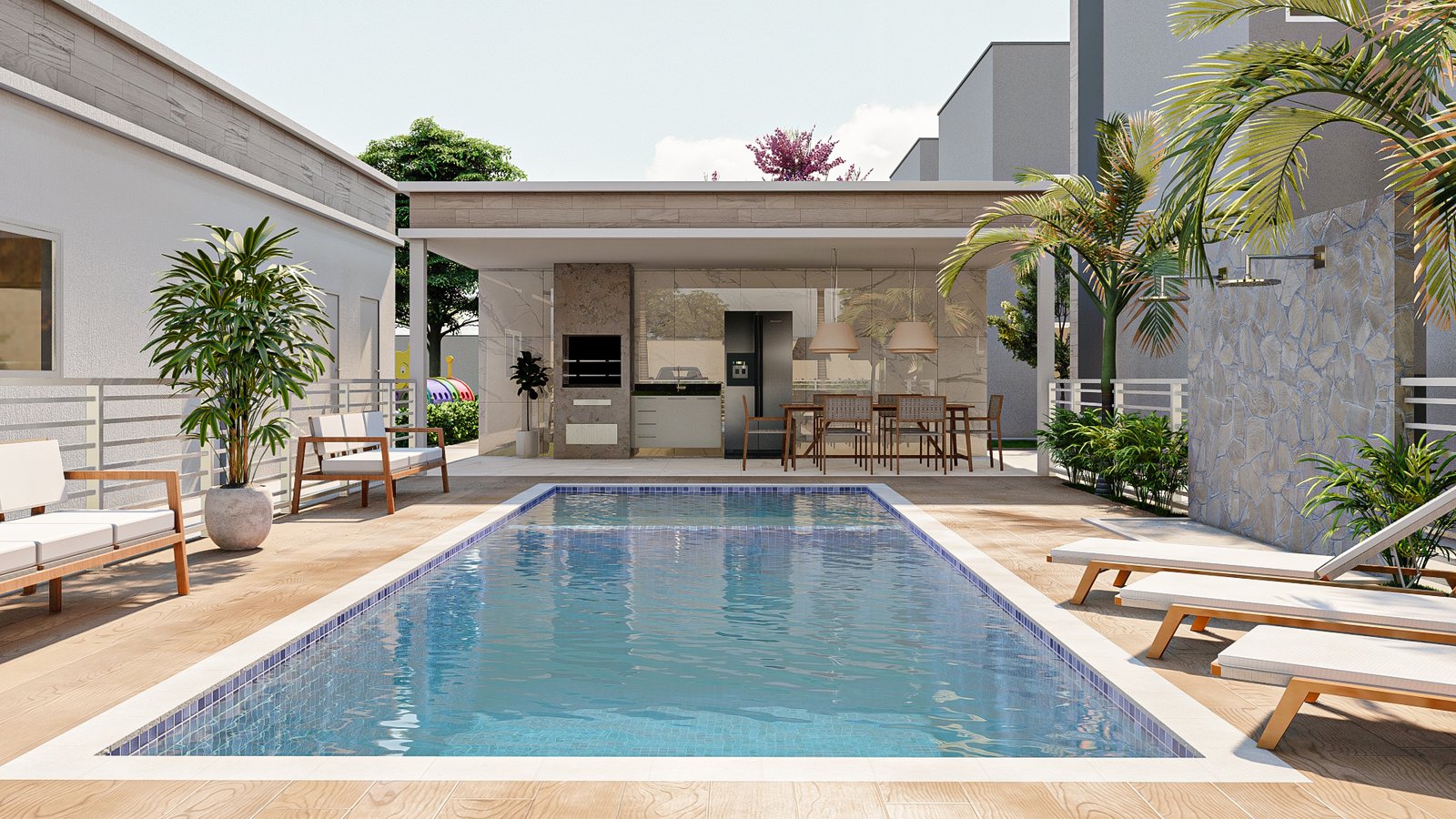 Piscina e deck do empreendimento VivaPark em Caucaia